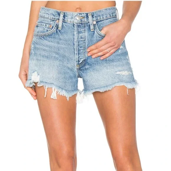 Agolde Light Blue Distressed Jean Shorts - Picture 2 of 11